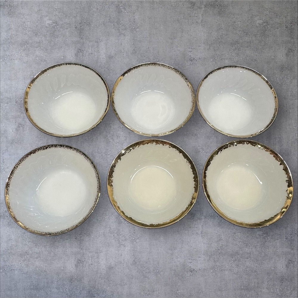Six Fire King White Milk Glass Swirl Dessert Bowls Gold Trim Made In USA